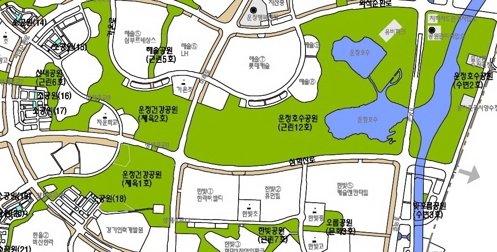 운정건강공원. 해솔마을과 한울마을 사이, 심학산로의 남북에 위치한다